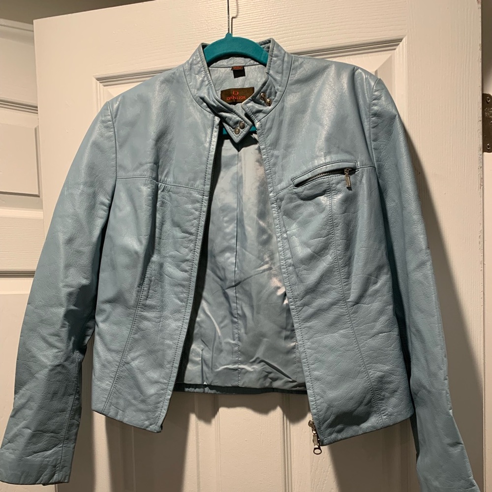 Powder Blue leather moto jacket